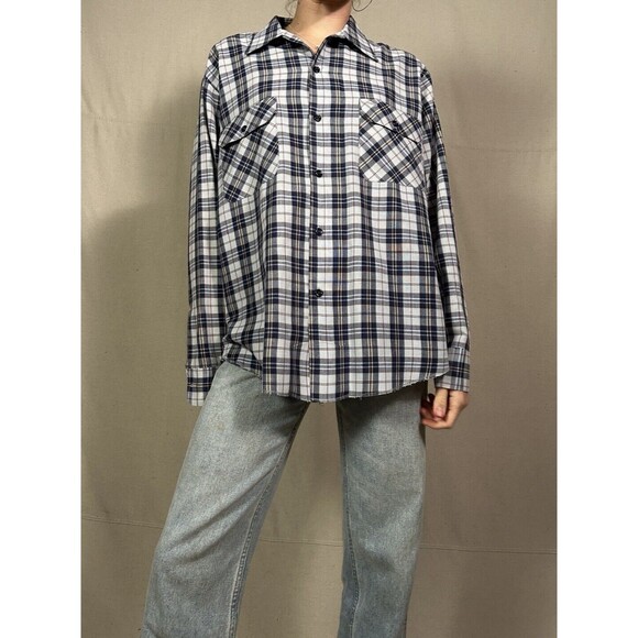 Sears Short Sleeved Work Shirt Perma-Prest Vintage New Blue Plaid - Picture 1 of 6